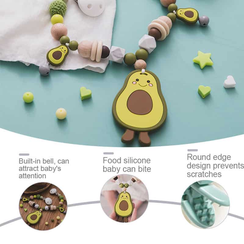 Avocado baby teether silicone necklace, cute fruit design, soft baby teething toy, safe silicone teether for infants.
