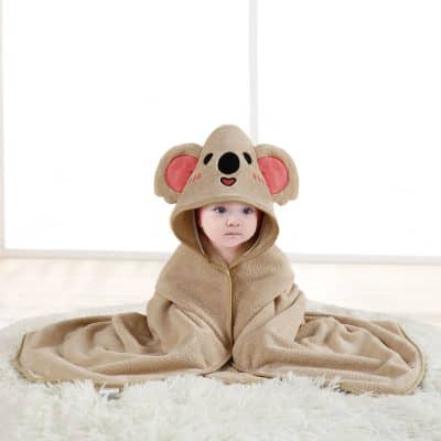 Koala-themed baby blanket and hooded towel, adorable and cozy, perfect for kids, bath times, and gift occasions. Soft, plush material with cute koala face design and ears for a fun, comfortable experience.