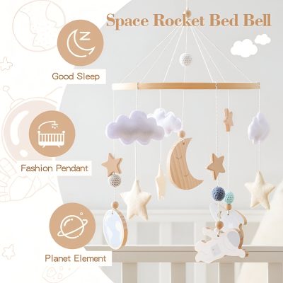 Soft baby crib mobile with clouds, stars, moon, and planet shapes, ideal for nursery decor and promoting good sleep for infants. Features a wooden frame, plush elements, and soothing design.