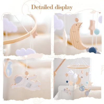 Wooden baby mobile with moon, stars, clouds, and planet decorations, designed for nursery decor, soft pastel colors, and soothing aesthetic, available at Monalisa Medical Store.
