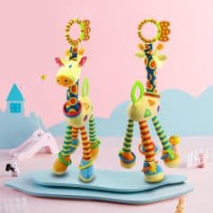 Colorful plush giraffe baby toys with vibrant patterns, perfect for children, featuring soft textures and playful designs for nursery decor and sensory development.