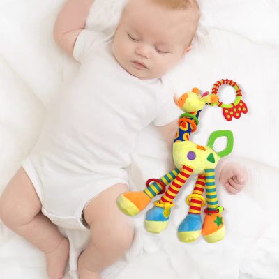 Colorful baby teething toy with plush animal designs, ideal for infant gum relief and sensory development. Bright, soft, and safe for babies, perfect for stimulating early tactile and visual senses.