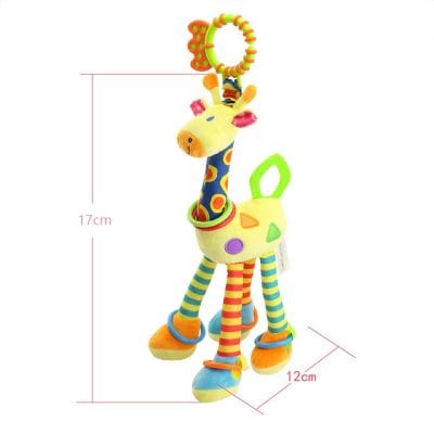 Bright colorful plush giraffe baby teething toy with textured rings, soft fabric, and teething-friendly features for infants, perfect for sensory development and playing at Monalisa Store.