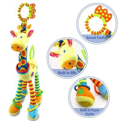 Colorful plush giraffe security toy with silicone teething ring, built-in teethers and paper rattle for babies, sensory plush toy for infants and toddlers.