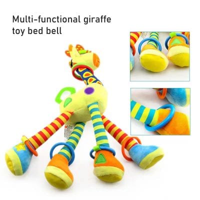 Colorful multi-functional giraffe toy with various attached rings and playful features for babies and young children. Perfect for sensory development and teething.