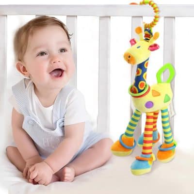 Colorful plush giraffe baby toy with vibrant patterns and soft fabric, perfect for infant development and sensory play. Bright, engaging design encourages tactile exploration and sensory stimulation for young children.