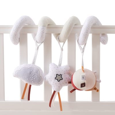Soft plush baby crib toys with cloud, star, and round face designs, perfect for infant decor and sensory development.