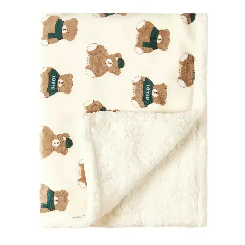Cute teddy bear patterned fleece baby blanket with "LOVE" text, soft plush interior, perfect for infants and toddlers, ideal for nurseries, and cozy comfort.