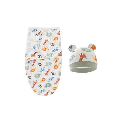 Colorful baby clothing set with animal print, including a swaddle blanket and hat, perfect for newborns and infants. Designed for comfort and adorable style for little ones.