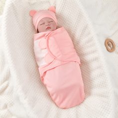 Soft pink baby swaddle blanket with bear ears hat, perfect for newborns, available at Monalisa Store for baby clothing and accessories.