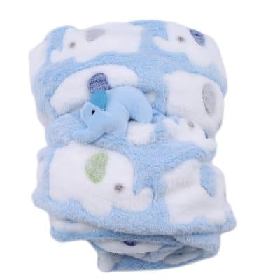 Super soft blue baby blanket with a plush elephant toy, ideal for nursery decor or gift-giving, featuring cute cloud patterns and cozy touch for newborns and infants.