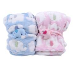 Soft plush baby hooded towels in blue and pink with elephant designs, ideal for newborns and infants. Perfect for bath time and baby gifts from Monalisa Store.