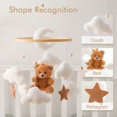Soft plush cloud-shaped baby mobile with teddy bears and star decorations for nursery decor and sensory development. Perfect for comforting infants and enhancing nursery aesthetics.