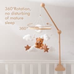 Soft baby mobile with plush teddy bear, cloud and star-shaped soft toys, designed for infant sleep comfort and nursery decor.
