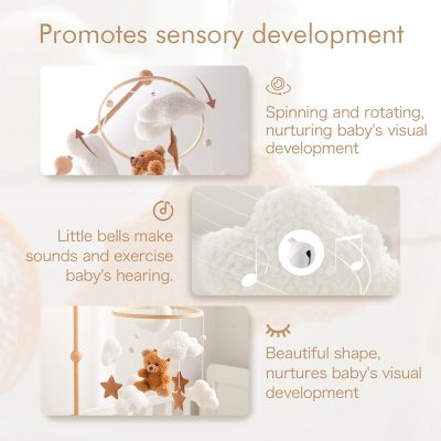 Soft plush baby mobile with teddy bear and star figures promoting sensory development for infants and kids, ideal for nursery decor and early visual stimulation.