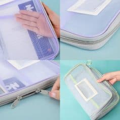 Light purple transparent travel organizer with zipper closure, ideal for medical supplies and documents.