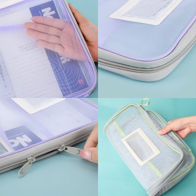 Light purple transparent travel organizer with zipper closure, ideal for medical supplies and documents.