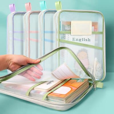 School supplies organizer, portable storage bag for books, notebooks, stationery, and educational materials for students, ideal for school, college, or study use.