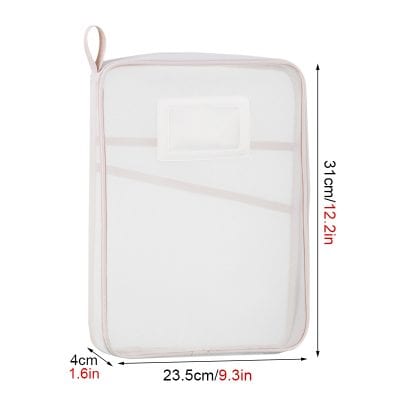 Clear travel storage bag with zipper and handle, perfect for storing eyeglasses and accessories, compact 23.5cm x 31cm size.