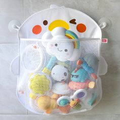Colorful baby toy organizer with smiley face design, mesh storage pocket, perfect for kids' toys and accessories in nursery or playroom.