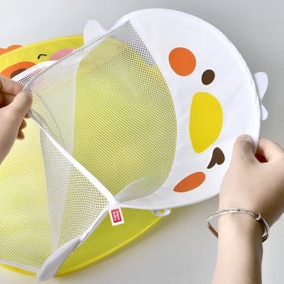 Bright yellow children's backpack with a playful animal face design, featuring colorful eyes and nose, perfect for school or daycare. Made of lightweight, durable material with a mesh front pocket.