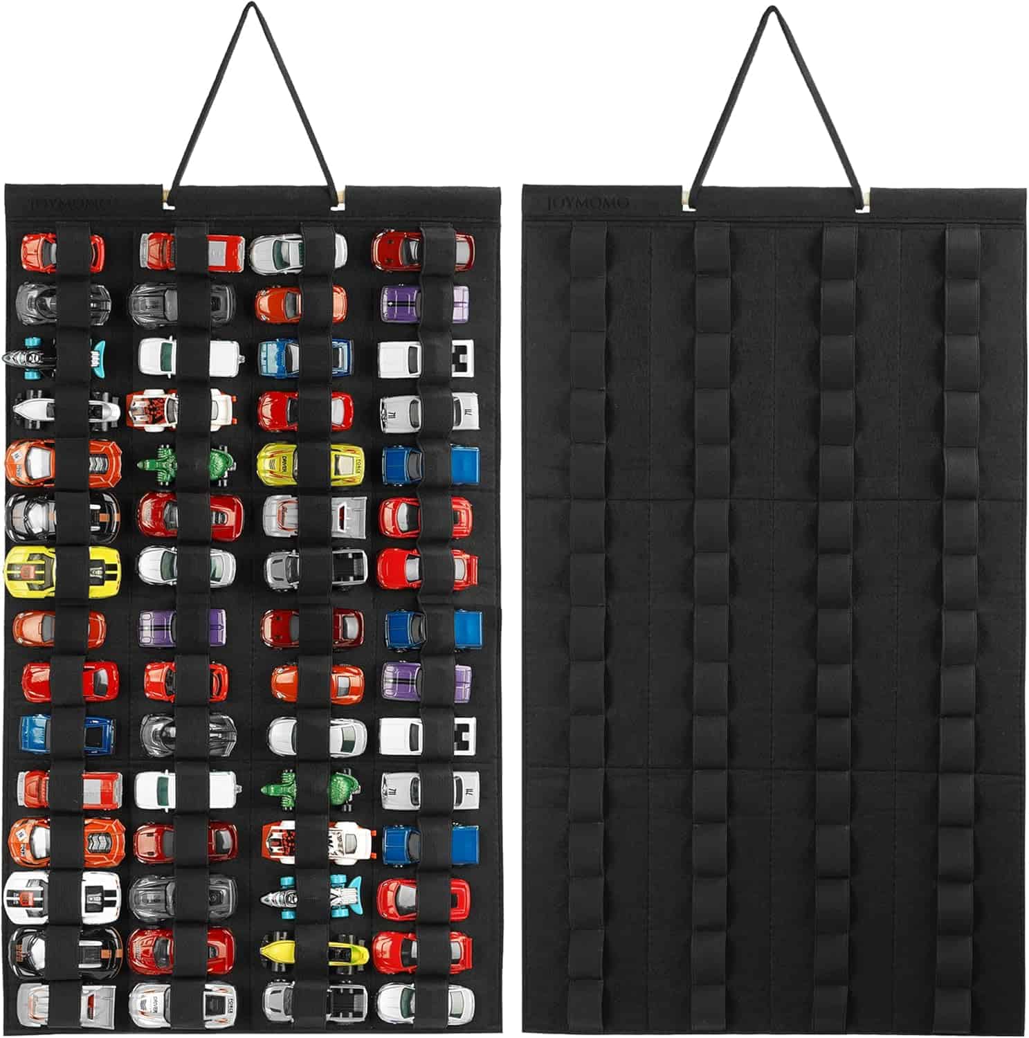 Miniature car collection display on black fabric storage panel, ideal for automotive enthusiasts and collectors, featuring a variety of colorful model cars for display or organization.