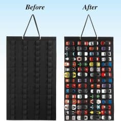 Colorful toy car collection organizer, perfect for storing mini cars in a black fabric display with elastic straps for easy access, ideal for kids' room decor and car enthusiast collections.