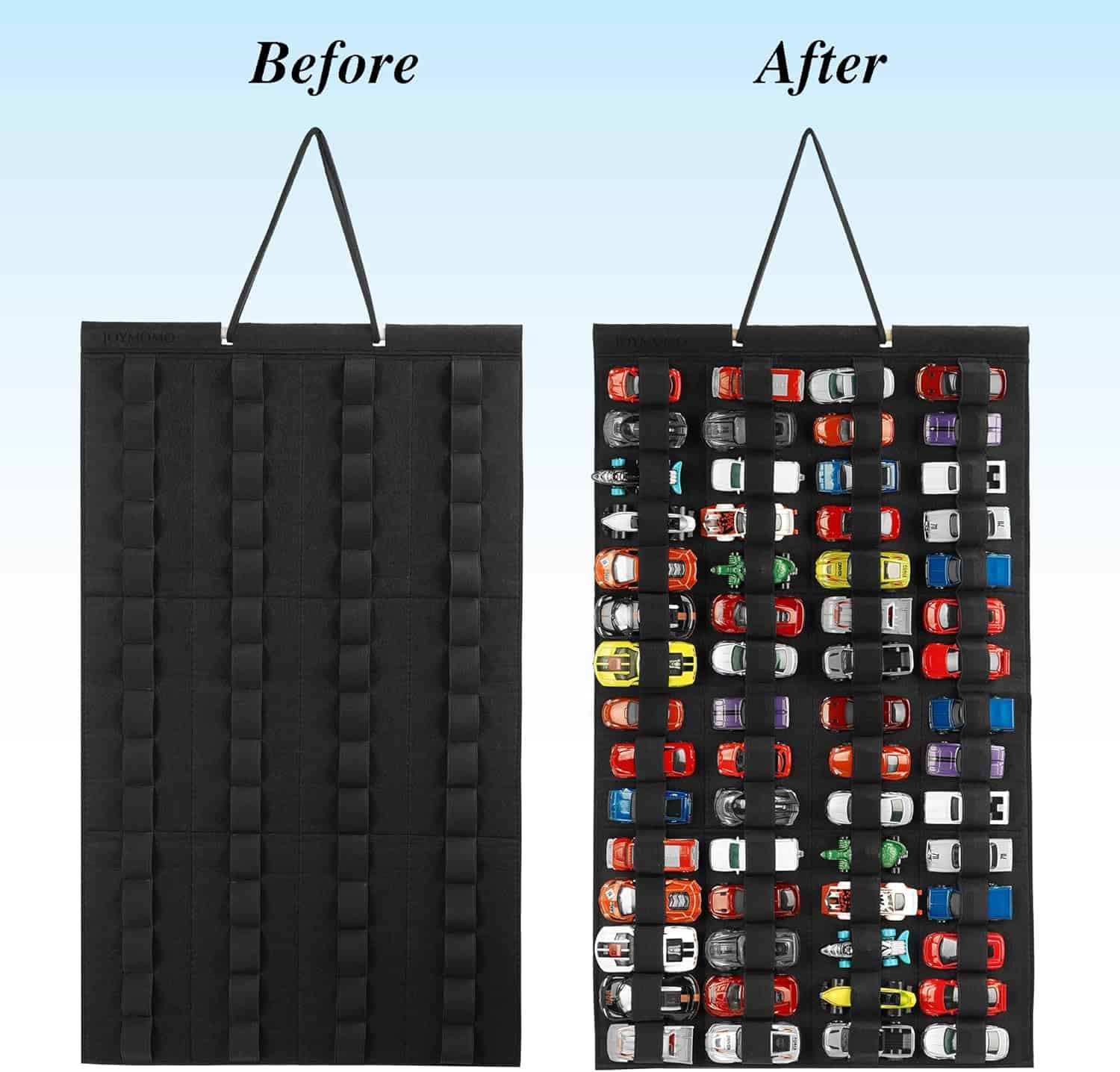 Colorful toy car collection organizer, perfect for storing mini cars in a black fabric display with elastic straps for easy access, ideal for kids' room decor and car enthusiast collections.