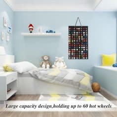 Hobby car display organizer in a kids' bedroom, featuring a large capacity design capable of holding up to 60 toy cars, perfect for car enthusiasts and collectors.
