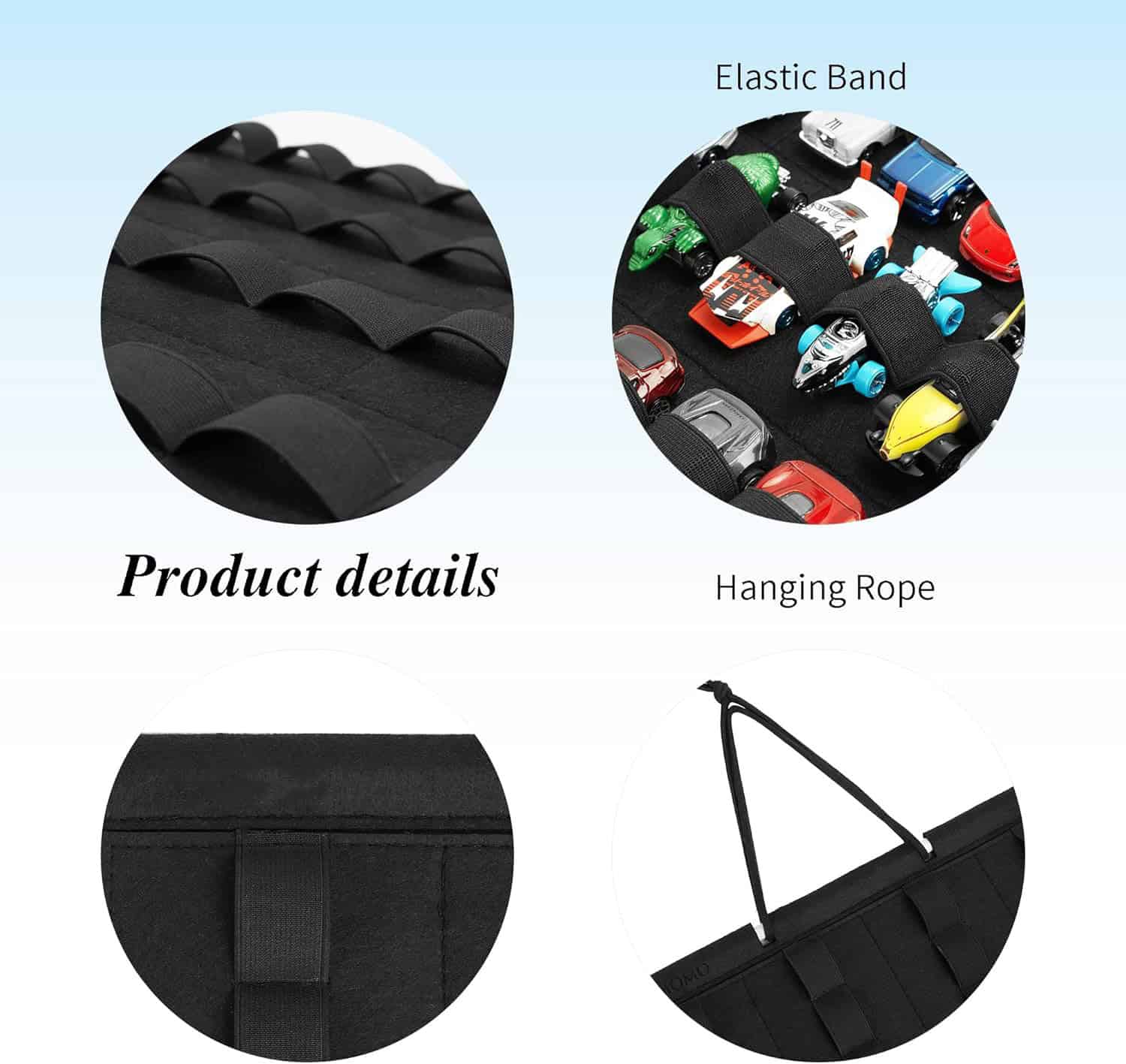 Black elastic bands for organizing small items and accessories.