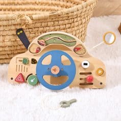 Wooden toy steering wheel with vehicle and road details for kids learning play.