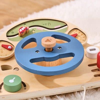 Colorful wooden baby activity educational toy with time and temperature dials, perfect for early childhood development and sensory learning.