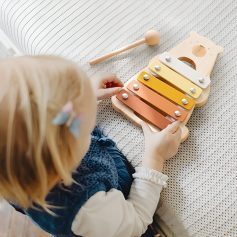 Colorful wooden xylophone toy for children with a mallet, suitable for early childhood development, music education, and sensory play.