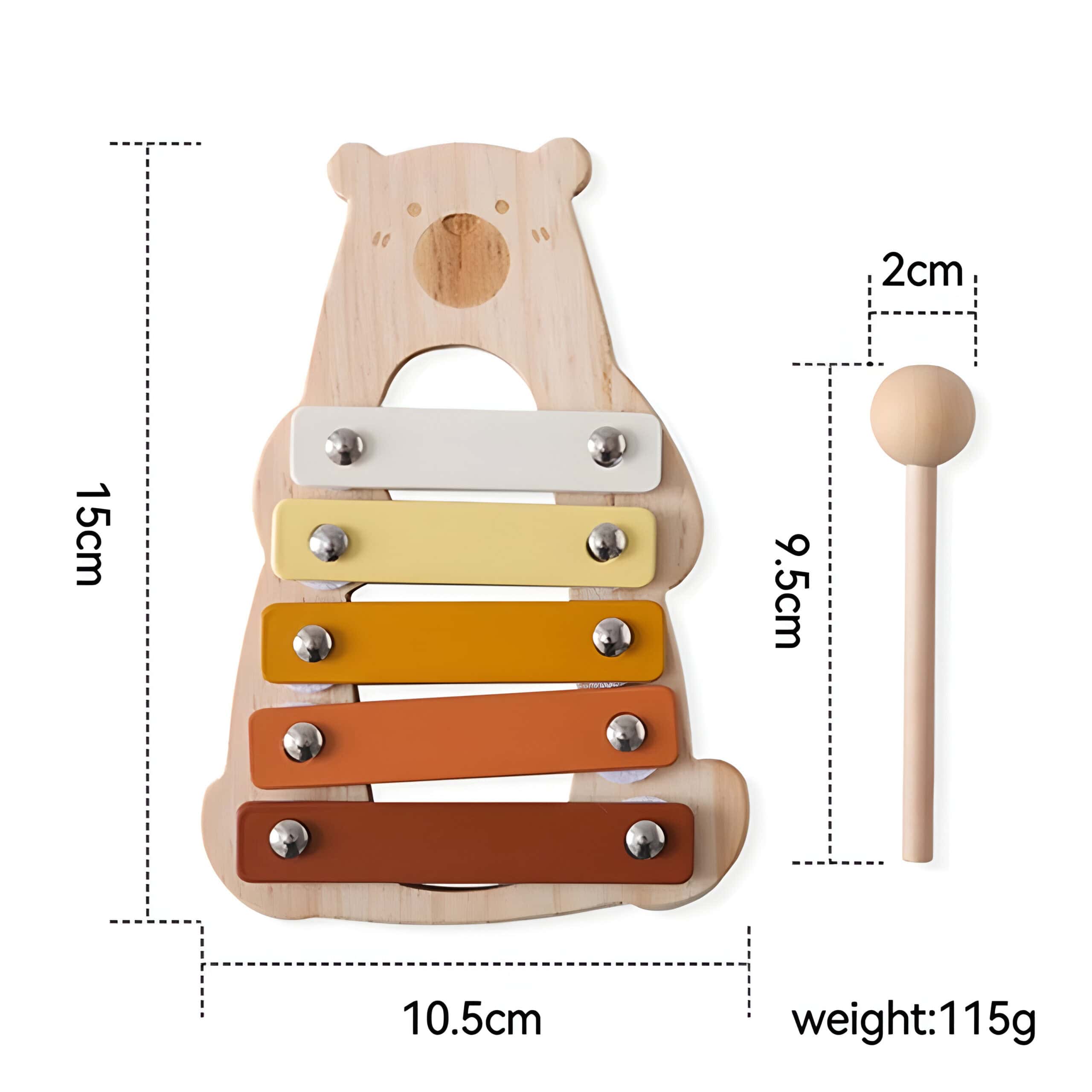 Colorful wooden bear xylophone toy for children, includes mallet, perfect for preschool music education and development.