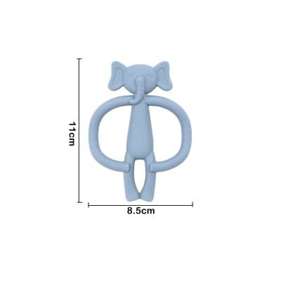 Soft blue elephant-shaped pacifier clip, 11 cm tall and 8.5 cm wide, featuring a cute and safe design for babies, ideal for baby accessories and teething comfort.
