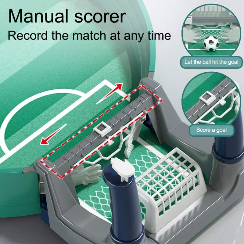 Manual soccer scorer, tabletop soccer game, football score tracker, toy soccer goals, interactive sports play set, mini soccer scoreboard, kids soccer game, table soccer scorekeeping device, kids sports toys, soccer scoring toy for children.