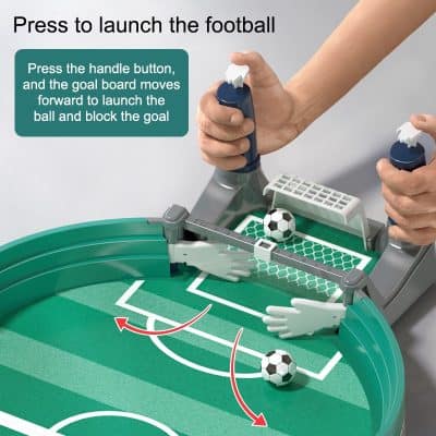 Soccer-themed tabletop football game for kids, indoor mini soccer game with scoring goals and fun play, family game night toy, suitable for children and adults, vibrant and engaging design, ideal for playroom entertainment.