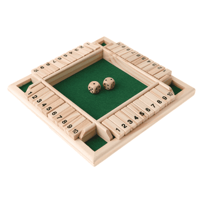 Wooden mahjong game set with dice and green felt surface for traditional tile-based gaming.
