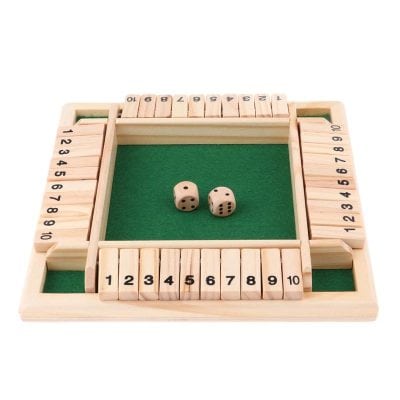 Wooden Rummikub game set with dice and tiles, perfect for family game night and strategy playing.