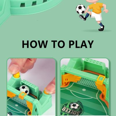 Playful illustration of children’s soccer game, showing how to play with a mini tabletop soccer set, focusing on activating gameplay by pressing the handle and attacking or blocking the opponent's football.
