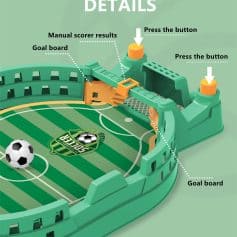 Mini table football game with goal board, manual scorer, and push buttons for game control, ideal for fun and entertainment at home or office.