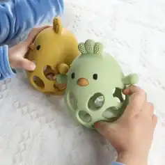 Colorful plush chicken teething toys for babies, made of soft silicone, ideal for soothing gums and sensory development, perfect for nursery decor and infant gift sets.