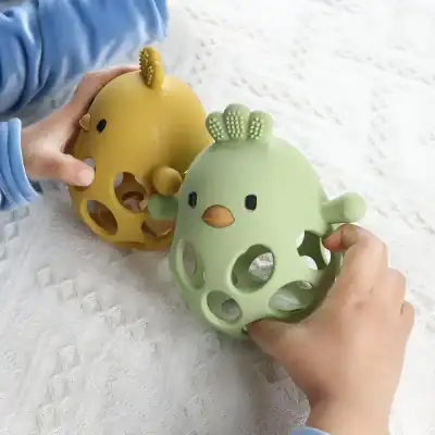 Colorful plush chicken teething toys for babies, made of soft silicone, ideal for soothing gums and sensory development, perfect for nursery decor and infant gift sets.