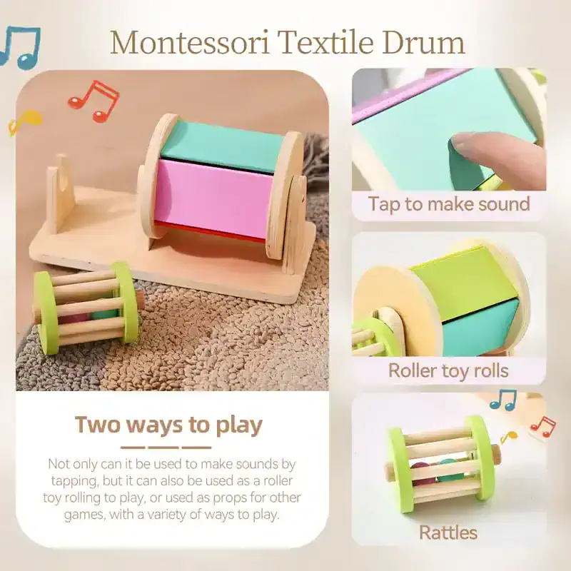 Colorful Montessori textile drum with sound features for babies and toddlers, including tap-to-make-sound, roller toy rolls, and rattles for sensory development and educational play.