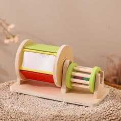 Wooden baby toy viewer with colorful rollers and mirror, ideal for children's sensory development and visual stimulation.