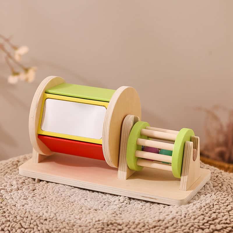 Wooden baby toy viewer with colorful rollers and mirror, ideal for children's sensory development and visual stimulation.