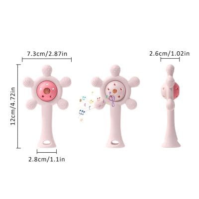 Colorful musical plush baby rattle with soft grip handle, perfect for sensory development and entertainment for infants.