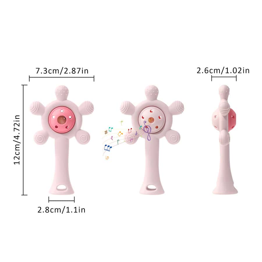 Colorful musical plush baby rattle with soft grip handle, perfect for sensory development and entertainment for infants.