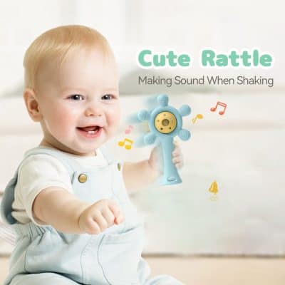 Colorful baby rattle toy with musical notes, making sound when shaken, for infants entertainment and sensory development, featured at Monalisa Store.