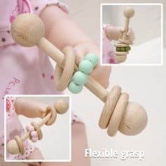 Natural wooden baby teething toy with colorful silicone beads, ergonomic design, and flexible grasp; perfect for soothing infants' gums and promoting sensory development.